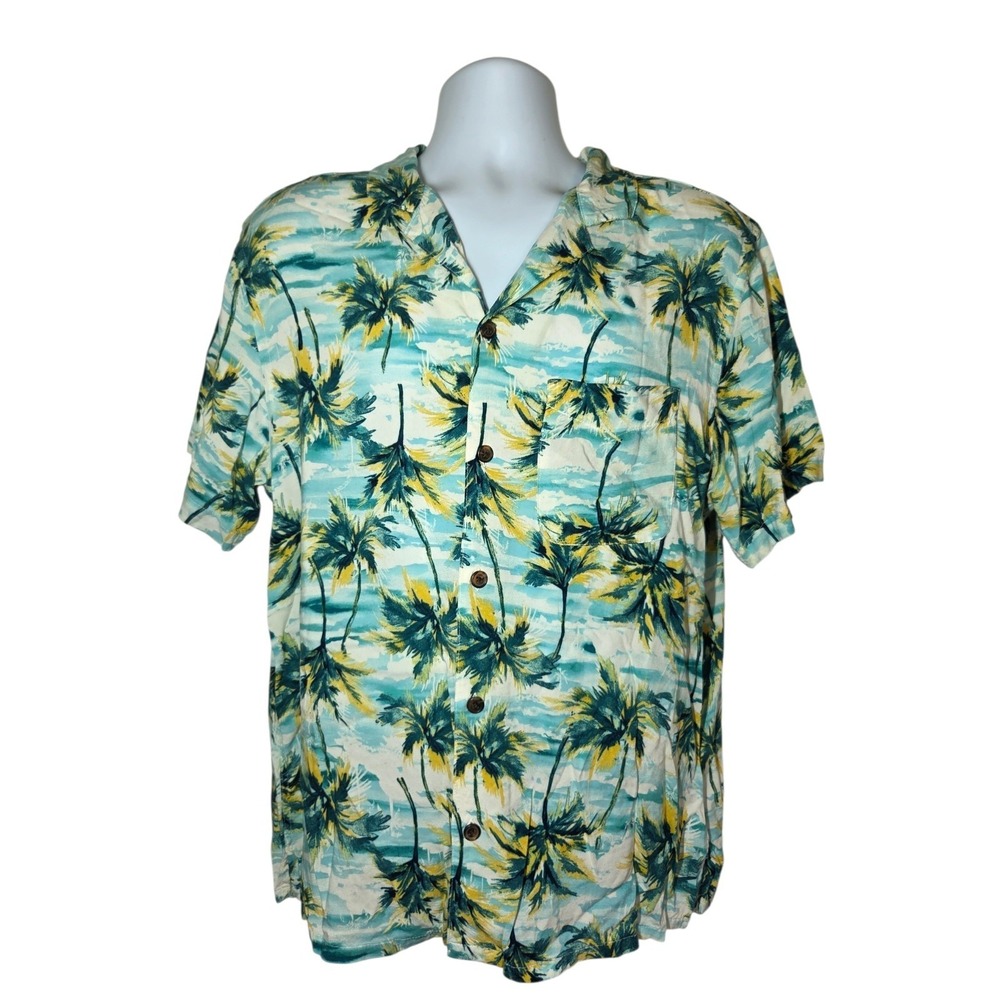 Old Navy Men's Hawaiian Palm Tree Ocean Print SS Button Up Top Soft Rayon L